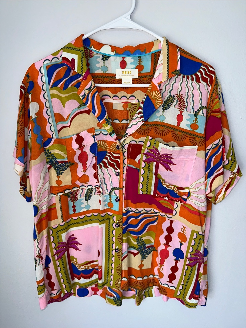 Maeve Anthropologie Multicolor Short Sleeve Button-Up Blouse - Pink, Orange